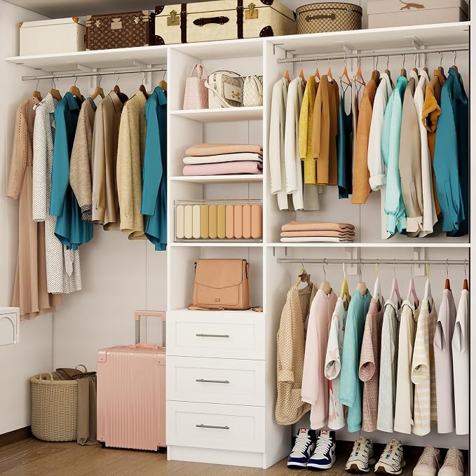 Closet System with Drawers, 5FT-8FT Closet Organizer System with Shelves & Adjustable Hanging Rods, 91.3" Walk in Closet System Storage Wood, White