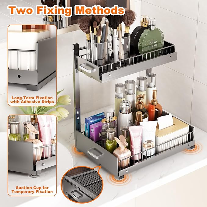 Under Sink Organizer,2 Tier Slide Out Kitchen Cabinet Organizers with Pulley,Under Bathroom Sink Pull Out Organizer with Multiple Height Adjustments for Kitchen and Bathroom Cabinets-Gray
