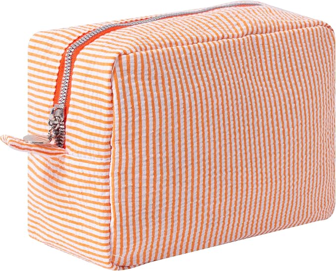 Large Capacity Striped Pencil Case Cosmetic Bag with Zipper Portable Stationery Organizer Pouch for School Students Teens Travel Toiletry Bag (Orange)