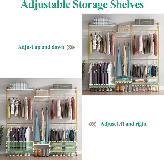 White/Gold Wall Mount Clothes Rack with 5 Hanging Rods, Clothing Rack with 6-Tier Storage Shelves, Closet Storage Organizer System Kit, Heavy Duty Garment Rack with Metal Frames (80.71" L*78.74" H)