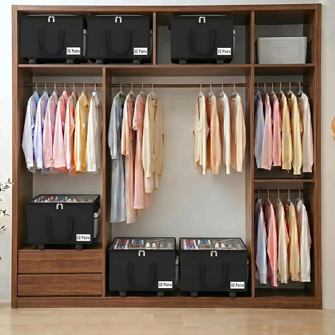 Large Shoe Organizer for Closet, 16 Pairs Shoe Storage Box with 360° Wheels & Reinforced Handles, Adjustable Dividers, Clear Cover, Side Pocket, Foldable Oxford Fabric Bin for Entryway, Black