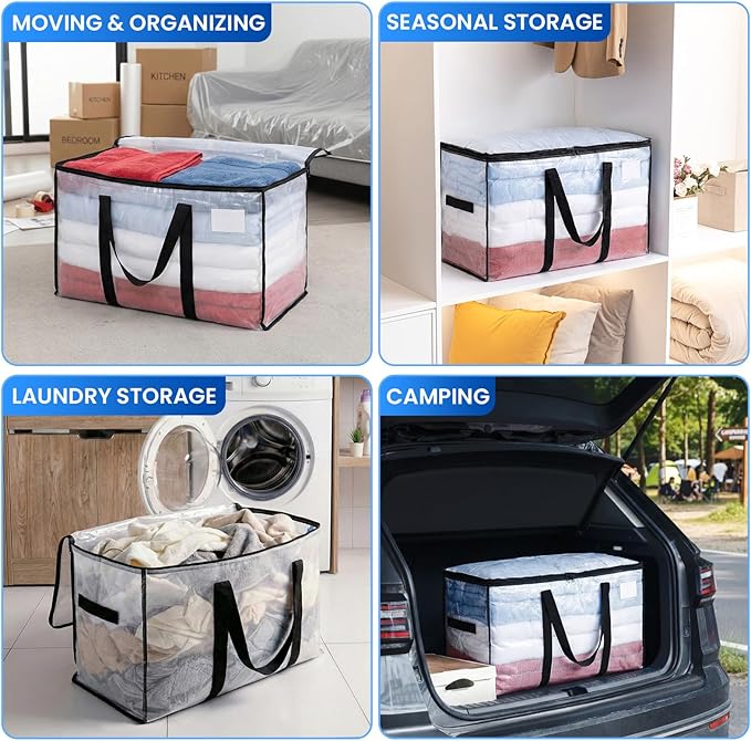 TAILI Extra Large Moving Bags, 2 Pack Clear Heavy Duty Totes For Storage with Visible Window, Wrap Around Handles, Storage Bags for Space Saving, Alternative to Moving Boxes