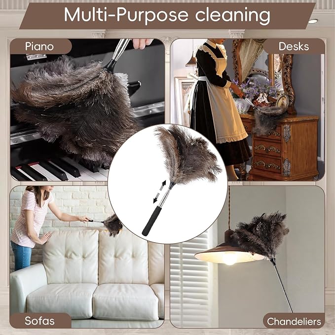 THARAHT Extendable Ostrich Feather Duster up to 16-47 inches Fluffy Feathers Long Handle Reusable for Cleaning Ceiling Fan Pendant lamp High Ceiling Blinds Furniture Feather Duster
