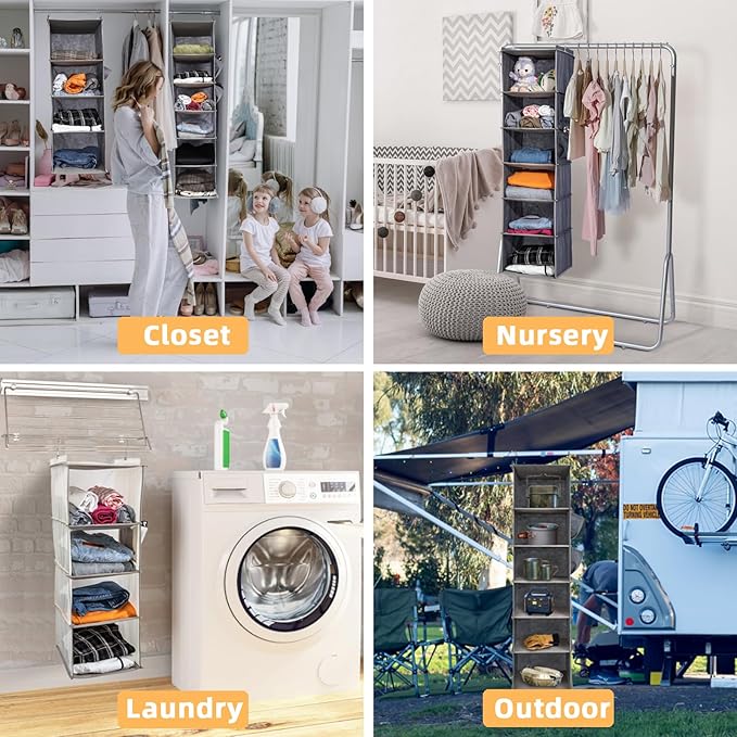 2 Packs Hanging Closet Organizer, 6-Shelf Closet Organizers and Storage with Side Pockets, Collapsible Hanging Shelves for Closet & RV & College Dorm,Beige