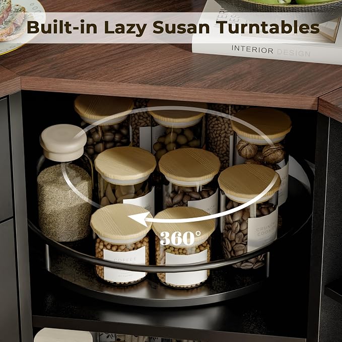 Loomie Corner Cabinet w/Charging Station, Kitchen Pantry Cabinet w/2 Tier Lazy Susan Turntable, Farmhouse Food Pantry w/Drawer & Doors & Adjustable Shelf, L-Shaped Sideboard for Dining Room (Black)