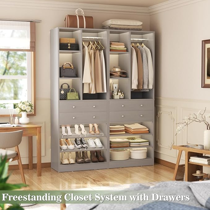 Besiost Closet System, 55.5"/4.6 FT Closet Organizer System with Drawers and Shelves, Walk-in Closets Systems for Small Closets, Free Standing Closet Tower, Load 1200+LBS, Morandi Grey 2 Pack