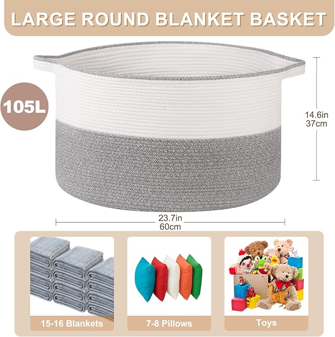 OIASKET XXL Large Blanket Basket with Handles, 105L Woven Storage Basket for Living Room, Cotton Rope Baby Toy Storage for Clothes, Pillows, Towels-Grey & White
