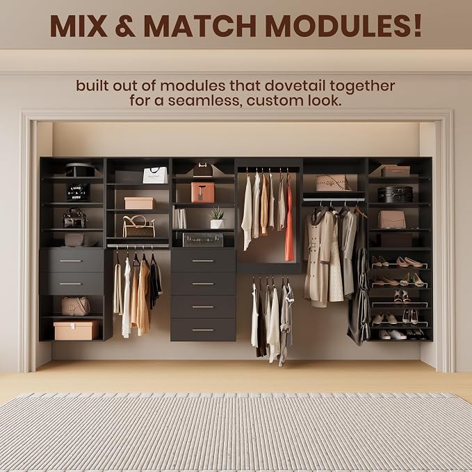 ROOMTEC Modular Closet System, 84" Wall Mounted Closet Organizer with Hanging Rods and Drawers, Wooden Tower for Walk-In Closets, Wardrobe Storage Kit, Black