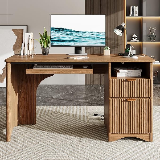 Bestier Computer Desk with Drawer, 55 inch Office Desk with Power Outlet, Modern Home Office Desk with Keyboard Tray (55" W with Single-Sided Drawers)