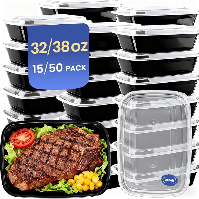 38 oz 50 Pack Meal Prep Containers Reusable, Disposable To Go Food Containers with Lids BPA Free, Plastic Food Storage Containers Microwave/Dishwasher/Freezer Safe Take Out Containers for Leftovers