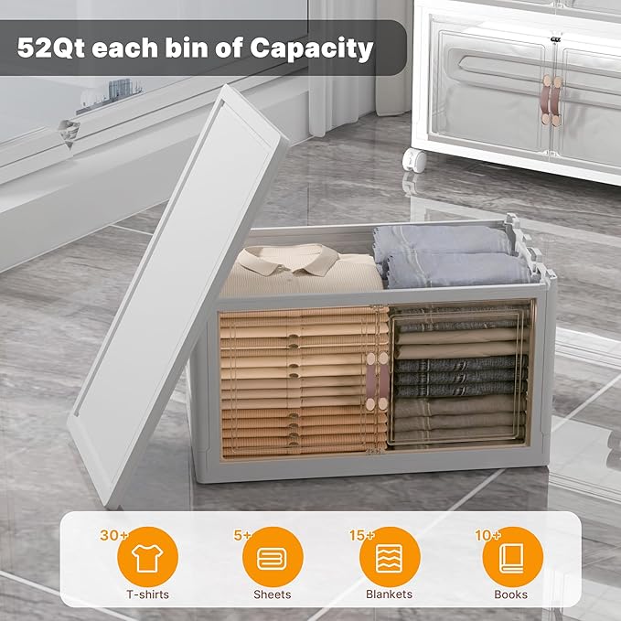 UAMFURI Stackable Storage Bins with Lids, Extra Large Plastic Organizer Cabinet Drawers, 144QT Collapsible Closet Containers with Doors and Wheels,For Bedroom, Kitchen, Office, Garage,(3Pack Cube)