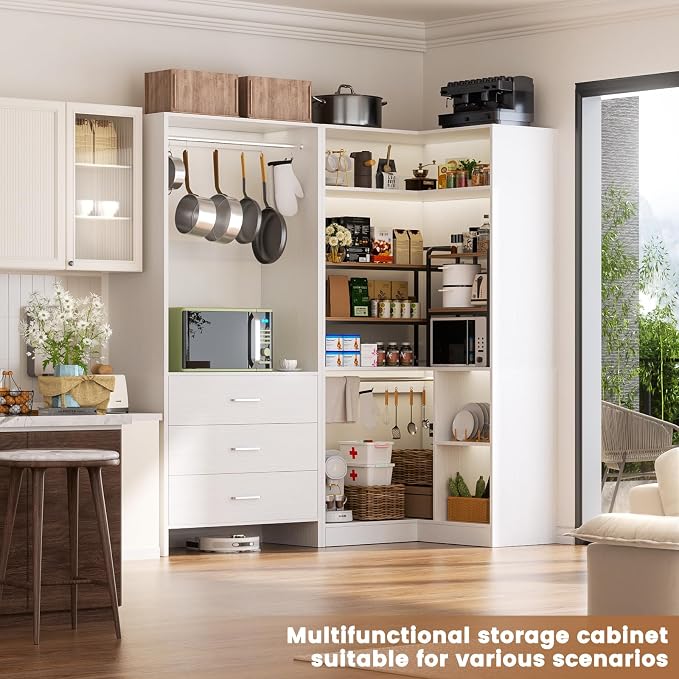 Aheaplus Closet System with 3 Drawers, 2 Hanging Rods & Corner Tower, Corner Closets System with Hanging, L-Shaped Walk-In Wardrobe Organizer, 1300+ lbs Capacity, Set of 2, White