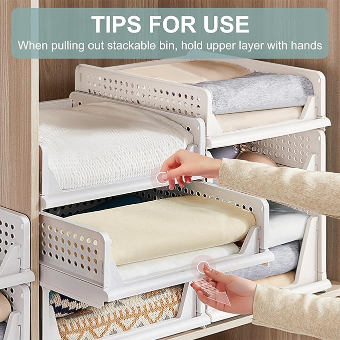 Goderewild Stackable Foldable Storage Baskets, Folding Storage Bins, Closet Organizers and Plastic Drawer Shelf Storage Container for Wardrobe, Cupboard, Kitchen, Bathroom, Office (White, 4S)