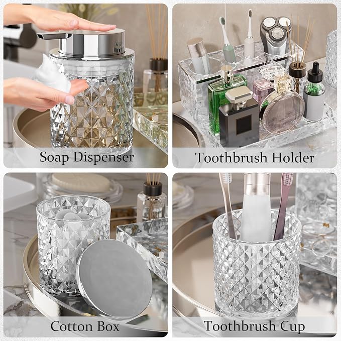 Bathroom Accessories Set - 20PCS Glass Bathroom Set with Shower Curtain and Rugs, Soap Dispenser, Soap Dish, Cup, Qtip Jar, Toothbrush Holder, Stylish & Functional Bath Decor for Home, Apartment