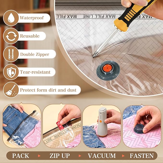 QcoQce Vacuum Storage Bags with Rechargeable Electric Pump, Space Saver Bags for Travel, Vacuum Seal Bags for Clothing, Bedding, Seasonal Storage, Compression Packing Bags for Suitcase
