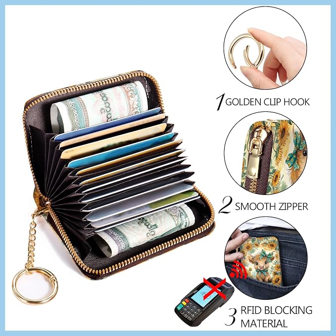 Blusabaca Women Credit Card Holder, Small RFID Wallet with Wristlet Strap | Removable Keychain, Case with Zipper, Vegan PU Leather, Cash Coin Pocket, Business Accordion Purse, Ladies Female Gift