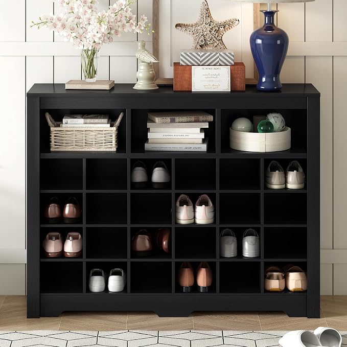 Flieks 24-Cube Organizer Shoe Storage Cabinet, Stylish Design Shoe Cabinet with Multiple Storage Capacity, Free Standing Cabinet with Curved Base for Entryway, Living Room, Hallway, Black