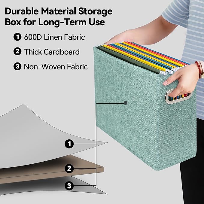 2 Pack Letter Size File Storage Box Collapsible，Fabric Hanging File Folders Organizer, Portable Office Document Holder with Metal Handle, Smooth PVC Rails, Green