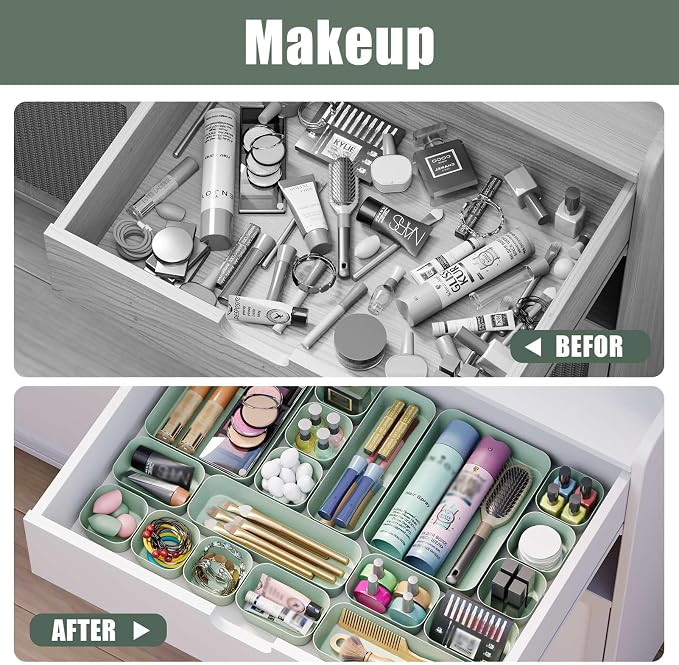 Drawer Organizers Bins 28 PCS for Bathroom Makeup Desk Office | with Non-slip Pads, 4 Sizes, Plastic Tray, Vanity Organizer, Kitchen Utensils Organizer