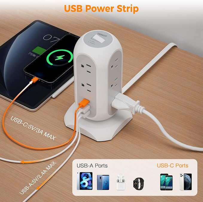 TESSAN Tower Power Strip Flat Plug with 1050J Surge Protection, 6 Ft, Grey | 11 Outlets 3 USB (1 USB C), Surge Protector Power Tower, Extension Cord with Multiple Outlets, Dorm, Office Desk Supplies