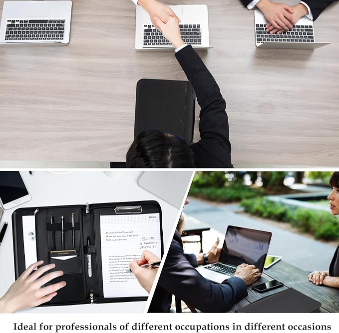 ProCase Portfolio Business Padfolio Folder with Handle and Zipper -Allblack | Conference Meeting Executive File Legal Document Organizer with Pockets Letter Size A7 Writing Pad Notepad Padfolio