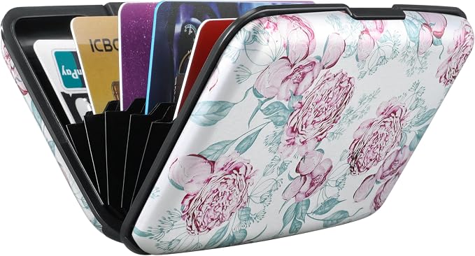 ELFISH Mini RFID Aluminum Wallet Credit Cards Holder Business Card Case Metal ID Case for Men Women(Peonies)