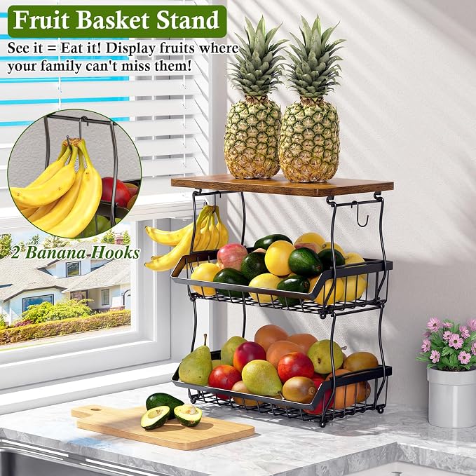 OKZEST 3-Tier Fruit Basket Fits Between Countertop & Upper Cabinet, 16.8" H | Includes wood top & banana hangers, Stackable kitchen countertop organizer, Holds potato, onion, bread, snack, fruit, veggie