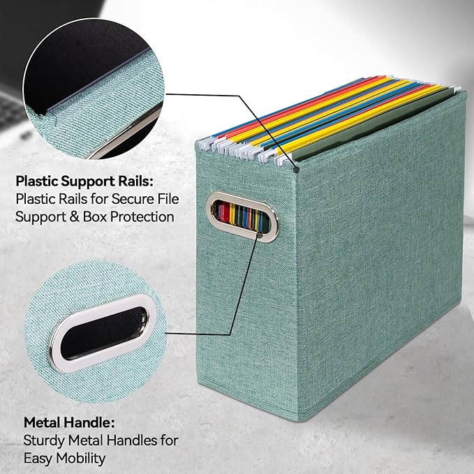 2 Pack Letter Size File Storage Box Collapsible，Fabric Hanging File Folders Organizer, Portable Office Document Holder with Metal Handle, Smooth PVC Rails, Green