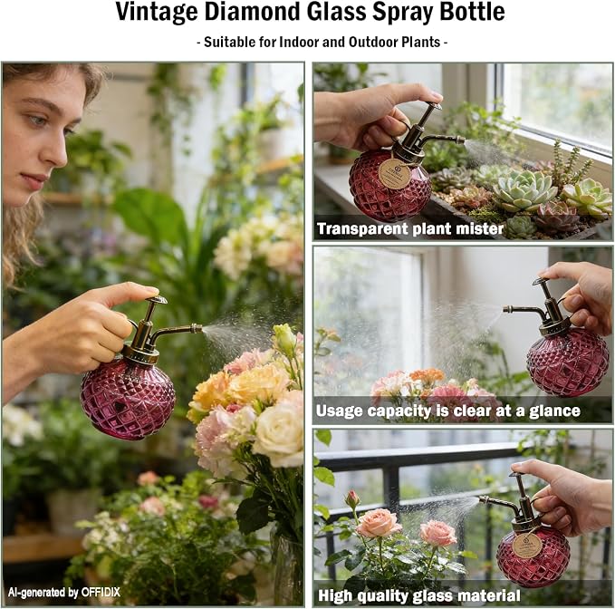 OFFIDIX Plant Mister Spray Bottle,Glass Decorative 300ML Vintage Watering Small Indoor Watering Can with Plastic Pump for Indoor Plants,Garden,Cleaning（Amaranth）