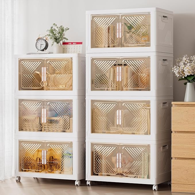Storage Bins with Lid 120QT, Stackable Storage Containers with Wheels and Magnetic Doors, Plastic Clothes Closet Large Capacity Organizers and Storage Box for Home and Office (4 Pack)