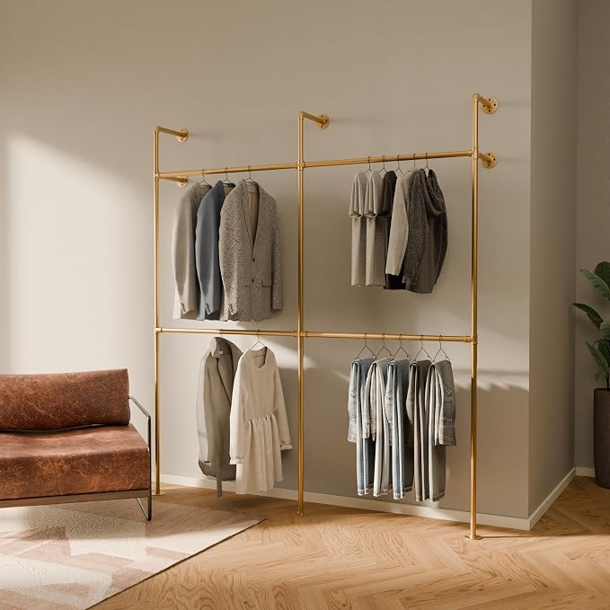 pamo Industrial Clothing Rack Wall Mounted Gold – 79" W × 87" H, 660 lbs | Heavy Duty Pipe Closet System in Gold Powder Coated Steel, Scratch-Resistant, Double Rod, Easy Assembly