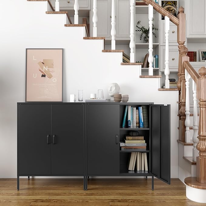 Washsemba Metal Storage Cabinet with Doors and Shelves,Multipurpose Storage Rack, 3-Tier Shelf,Metal Locker Style Accent Cabinet for Home Office,Living Room,Kitchen (Black, 40''H)