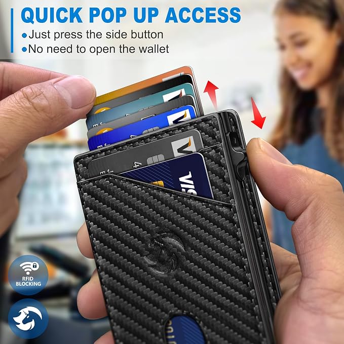 Wallet for Men, Slim Pop Up Card Holder with RFID Blocking, Minimalist Bifold Wallet with 9 Card Slots, ID Window and Cash Pocket, Metal Flip Case with Magnetic Closure, Gift Box