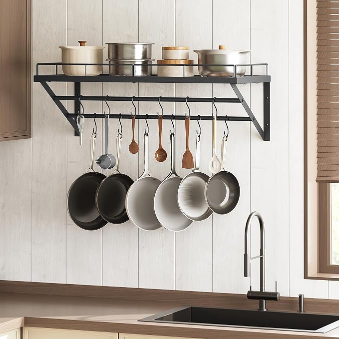 YATINEY Pot Rack, 30 Inch Wall Mounted Pot Rack, Kitchen Pot and Pan Organizer with 2 Tier Hanging Rails, 12 S-Hooks, Space Saving, for Kitchen Cookware Organizer, Black PR02BK