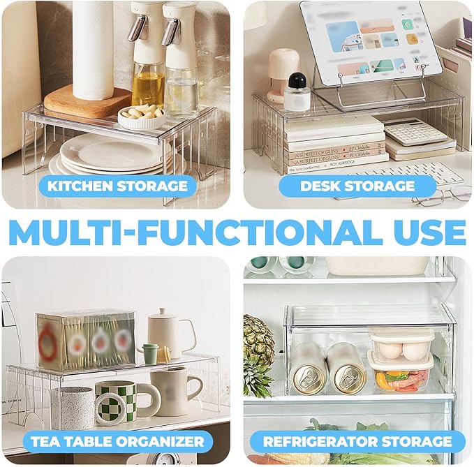 11.8-15.8in Expandable Freezer Shelf, 2 Heights Adjustable Refrigerator Organizer, Acrylic Shelf Riser Kitchen Cabinet Rack for Pantry, Cupboard, Countertop, Office