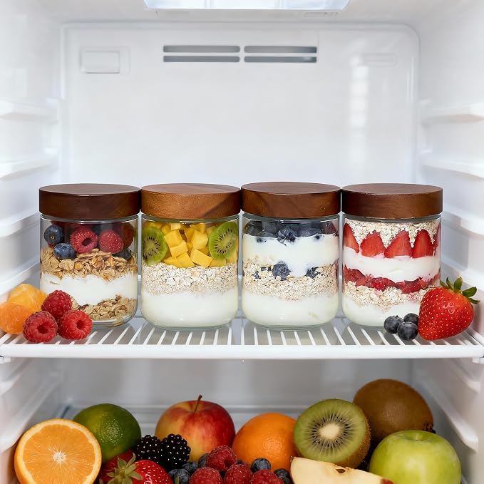Danmu 16 oz Overnight Oats Containers with Lids,Glass Jars with Lids 4 Pack | Wooden Lid,Mason Jars for Overnight Oats,Meal Prep,Yogurt,Leak-proof,Dishwasher Safe(remove lids),Fridge Safe,Portable