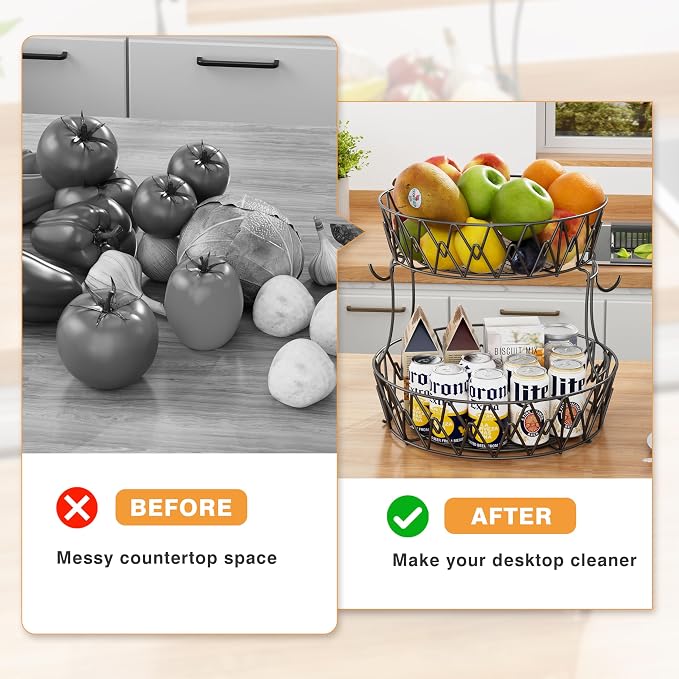2 Tier Fruit Basket for Kitchen Counter with 2 Banana Hangers,Black Round | 2-Tier Fruit Basket Bowl Stackable Vegetable Storage for Kitchen Countertop, Metal Wire Basket for Bread Onions Potatoes