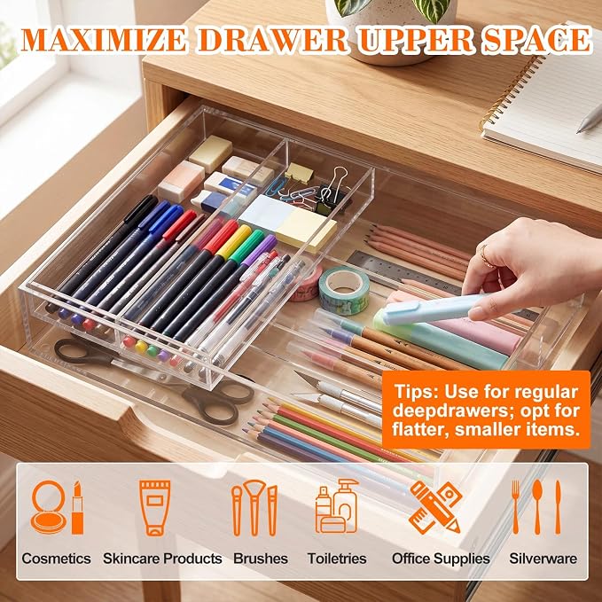 2 Layer Acrylic Deep Kitchen Utensil Drawer Organizer for Flatware Utensils | Clear Silverware Drawer Organizer with Removable Flatware Tray, Kitchen Utensil Tray for Cutlery, Chopsticks, Spoons, Forks