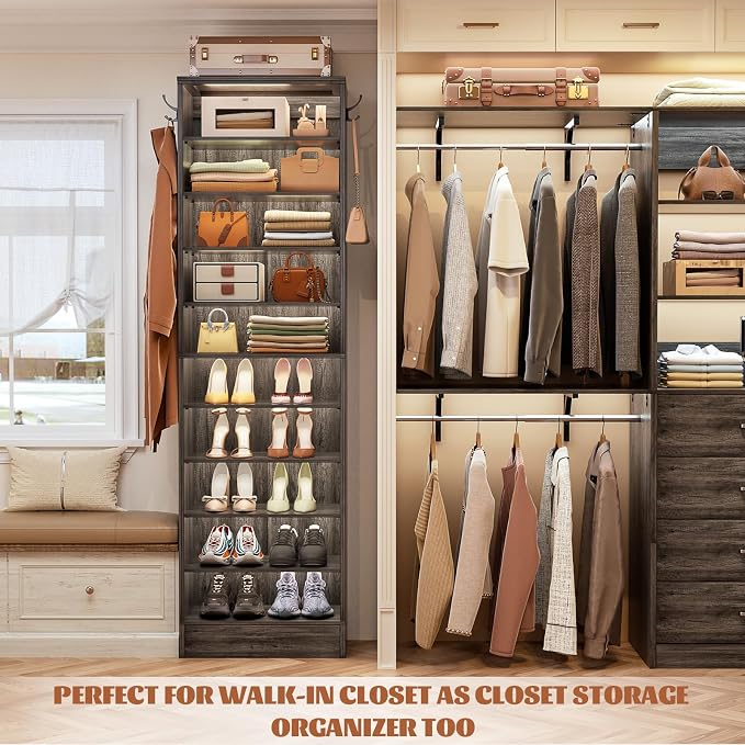 Aheaplus Tall Shoe Cabinet, 10 Tiers Narrow Wood Shoe Rack, Shoe Storage Organizer with Open Storage, Vertical Shoe Shelf Tower for 20-22 Pairs, Space Saving, for Closet, Entryway, Bedroom, Black Oak