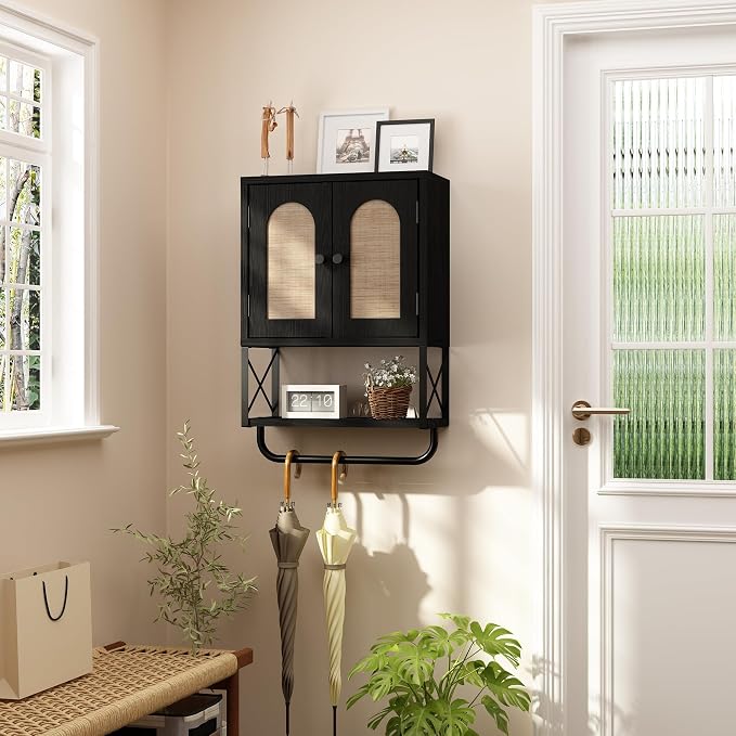 RUSTOWN Rattan Bathroom Wall Cabinet, Boho Over The Toilet Storage Cabinet | Arched Rattan Doors, Modern Medicine Cabinet, Adjustable Shelves, Towel Bar, Black