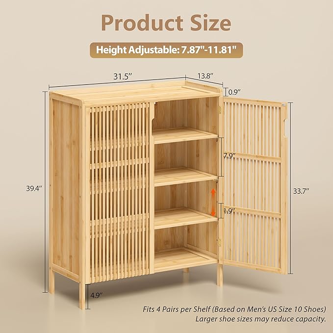 Bamboo Shoe Storage Cabinet for Entryway with Doors, Hidden Shoe Organizer | Adjustable Shelves | 5 Tiers for 25 Pairs | Modern Wood Shoe Cabinet for Living Room, Bedroom, Front Door, Hallway & Closet