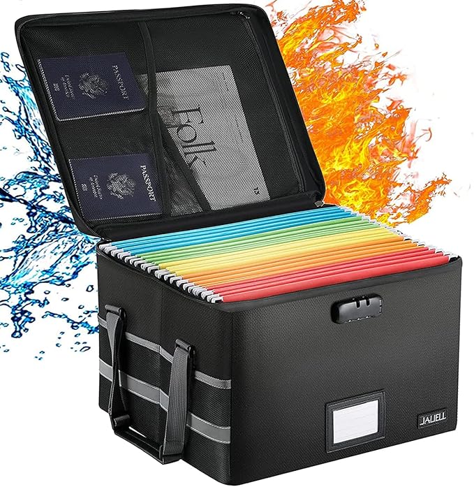 File Box with Lock, Fireproof Document File Organizer Box with Zipper & Adjustable Handle, Collapsible File Storage Box Home Office Safe Filing Cabinet for Hanging Letter/Legal Folder