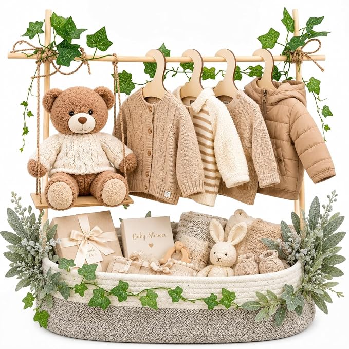 Large Baby Shower Basket Empty Baby Shower Crate Closet Woven Baskets | 16.5" x 9.5" Woven Baskets with Clothes Hangers and Gift Bag New Born Empty Storage for Welcome Gift Pregnancy New Parent