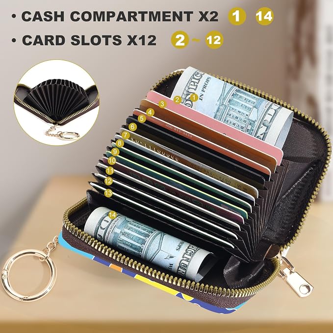 Credit Card Holder for Women,Small Rfid Wallet with Keychain Zipper,Cute PU Leather Card Case Wallet，Accordion Credit Card Wallets Gift,Puzzle C