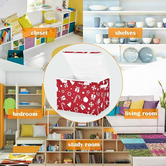CaTaKu Large Fabric Storage Bins With Lids, Red Christmas Tree Storage Boxes With Handles for Organizing Clothes, Collapsible Storage Cube Bins Baskets for Shelves
