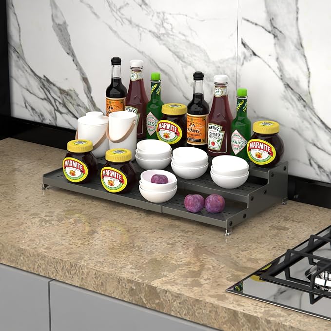 Jojocross Metal Spice Rack Organizer for Cabinet, 3 Tier Expandable Spice Storage Shelf, Great for Kitchen Cabinets, Cupboard,Pantry and Countertop More,Metal Plate with Hole(1PACK/Gun-Grey)