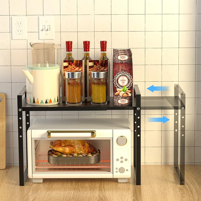 iPEGTOP Extendable Microwave Oven Rack, Adjustable Height Microwave/Toaster Shelf Heavy Duty Metal Pantry Shelf Space Riser Stand Organizer,Black