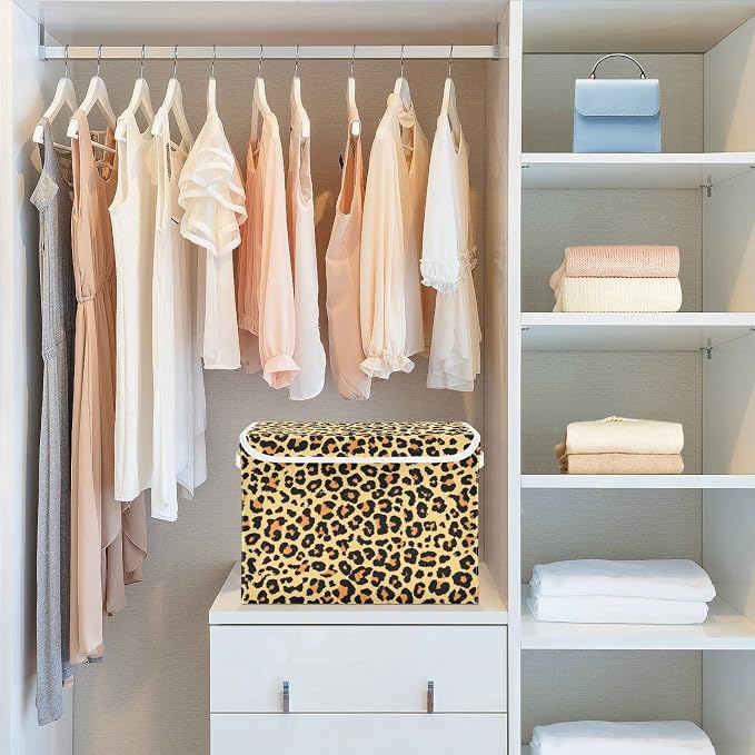 CaTaKu Large Fabric Storage Bins With Lids, Brown Leopard Print Storage Boxes With Handles for Organizing Clothes, Collapsible Storage Cube Bins Baskets for Shelves
