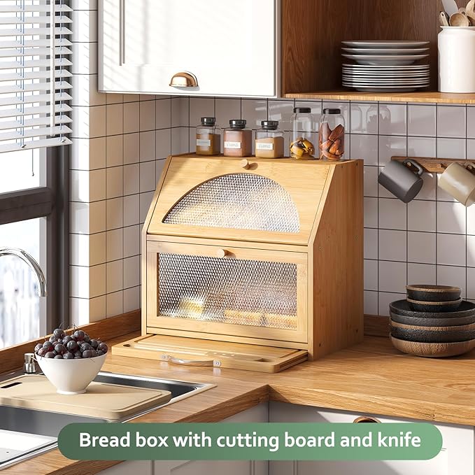 STDDRE Bamboo Bread Box with Cutting Board, Double Layer Extra Large Bread Storage Bin with Door Panel for Kitchen Counter (Natural)