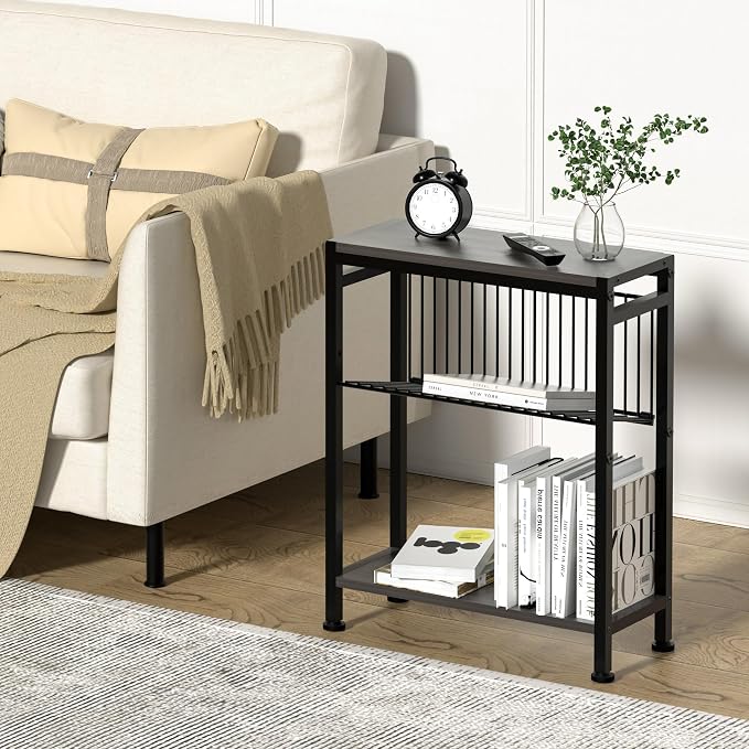 Side Table for Small Spaces, Set of 2 Narrow End Table with Magazine Holder, 2 in 1 Design Slim Side Table, Skinny Nightstand for Living Room Bedroom, Thin Side Magazine Table, Grey